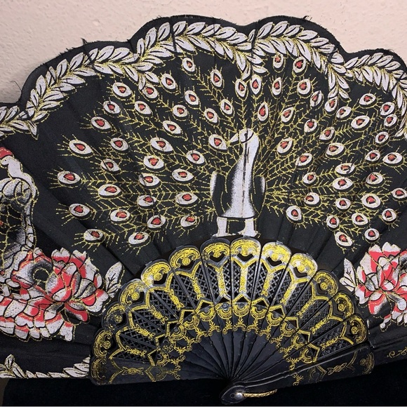 Black Gold Red Peacock Hand Fan Lace Trim Glitter Glam Burlesque Goth Gift - Picture 9 of 10